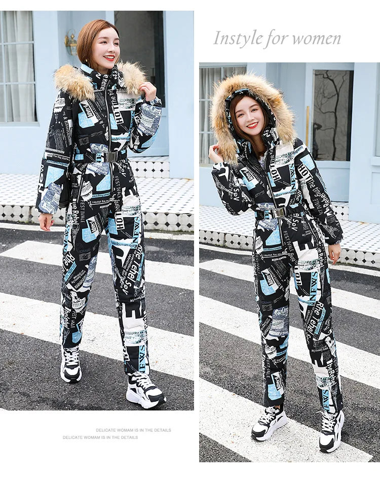 Windbreak Warm One Piece Jumpsuit Women Outfit Ski Suit Jacket Winter Parka Female Hooded Bodysuit Overalls Women Tracksuits