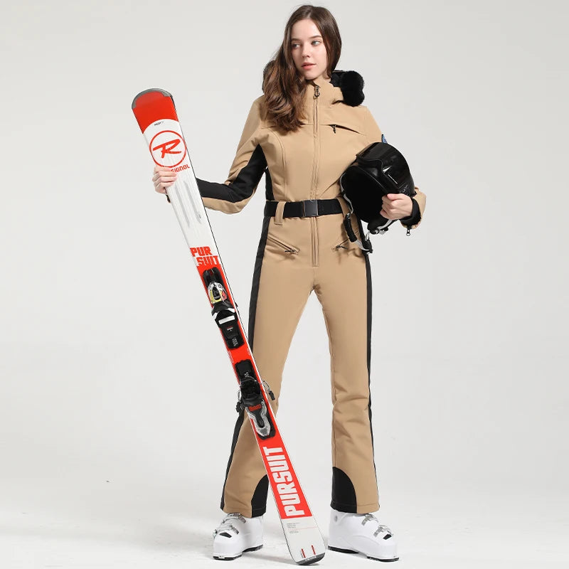 One-piece Ski Suit Women Thickening Snowboard Female Overalls Winter Windproof Waterproof Breathable Clothing Skiing Suit