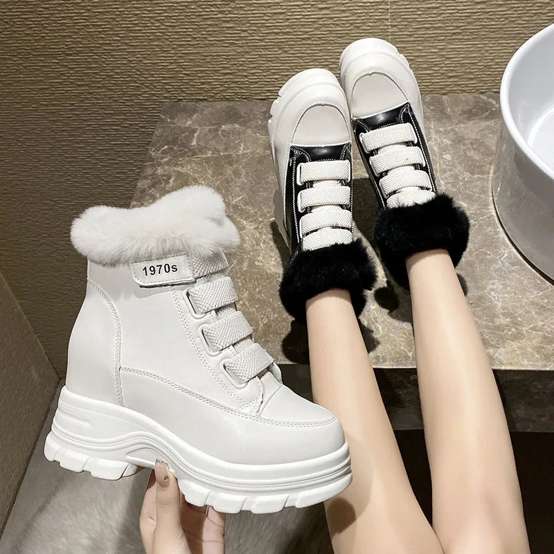 8cm Sports Women's Boots 2023 Autumn and Winter Fashionable High-top Sneakers Shoes Furry Korean Style Boots Thick-soled Shoes