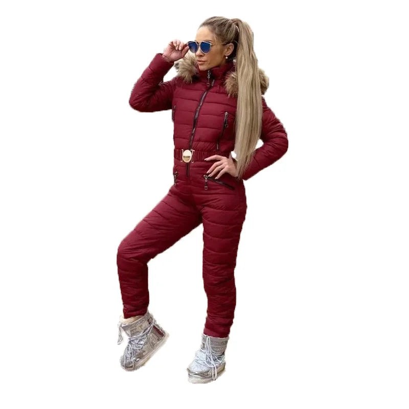 FORERUN One Piece Ski Suit Women Winter Fur Hooded Jumpsuit Cotton Padded Sashes Parka Jumpsuits Zipper Overalls Tracksuits